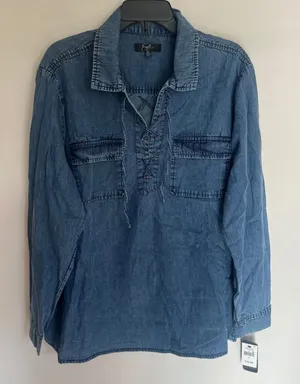 Earl Jean Womens 2X Blue Denim Chambray‎ Lace Up Pullover Shirt Long Sleeve NWT thumbnail 1