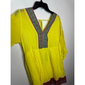 White Mark Yellow Embroidered Tunic Dress L Boho Kimono Sleeve Beach Coverup thumbnail 3