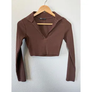 ZARA Brown Ribbed‎ Collared Long Sleeve Crop Top Shirt Women Size S thumbnail 5
