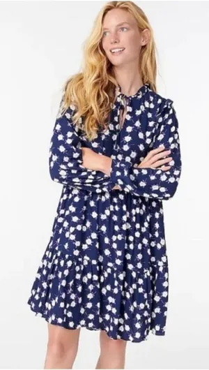 J Crew Dress Womens Purple Navy Scattered Peony Floral Tie Neck Tiered SZ M thumbnail 1
