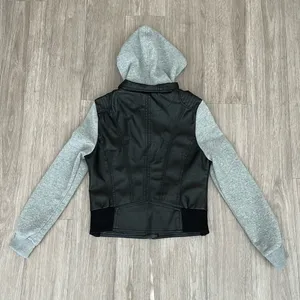 Last Kiss Y2K Black Leather Hybrid Gray Hooded Zip Moto Jacket Size Medium thumbnail 9