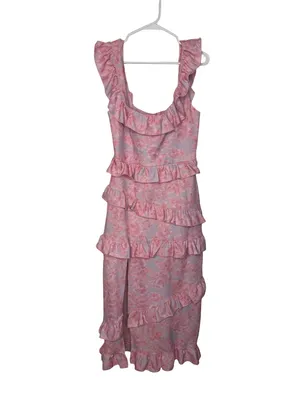 🌸 Show‎ Me Your Mumu Ruffle Floral Midi Dress Pink Blue Made in USA Size L 🌸 thumbnail 2