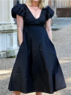 ABERCROMBIE- Puff Sleeve Plunge Midi Dress Black Size XS thumbnail 1