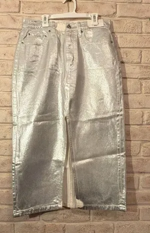 Abercrombie & Fitch High Rise Silver Metallic Coated Denim Midi Skirt thumbnail 1