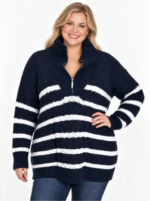 La Ligne x Target Sweater 4X Navy White Cable Knit Quarter Zip Plus Size Coastal thumbnail 1