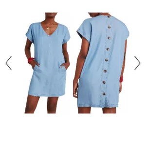 PORRIDGE Light Wash Blue Chambray Pockets Button Back‎ V-Neck Mini Dress Size S thumbnail 2