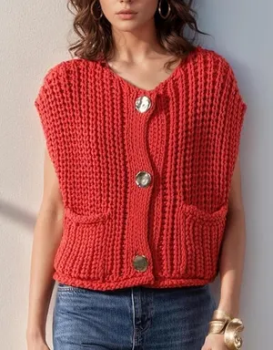 Knit Oversized Gold Button Sleeveless Vest Womens Large Red thumbnail 1
