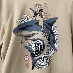 S-Ponder Y2K Style Graphic Funny Japanese Cat on Shark Cream‎ Cozy Hoodie XL thumbnail 4