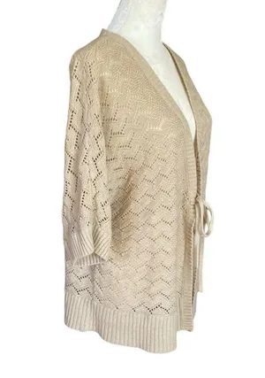 Nicole Miller women's XL tan tie front 3/4 sleeve chevron knit sweater cardigan thumbnail 2