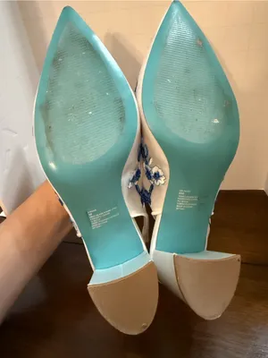 Betsey Johnson White Slingback Block Heels with Blue Floral Embroidery thumbnail 9