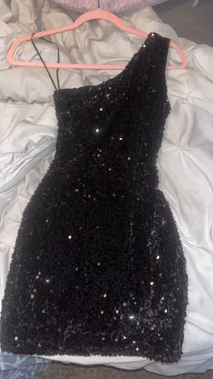 Lady black tie One Shoulder Mini Dress - Black thumbnail 1