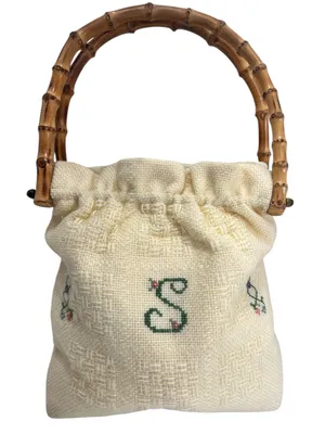 Vintage Monogram “S” Embroidered Cross Stitch Bamboo Handle Cottagecore Bag thumbnail 14