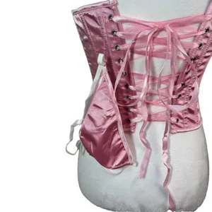 Corset Top Pink Satin‎ Lace Up G-String Set New Burlesque Lingerie Coquette S thumbnail 4