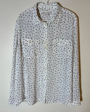LOFT White Black Abstract Print Button Down‎ Blouse Size XL thumbnail 1
