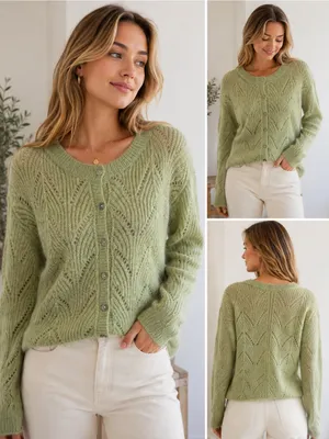 Crescent Wool Mohair Blend Saga Green Open Knit Cardigan Sweater Button Front thumbnail 12