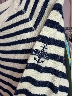 Lauren Ralph Lauren Navy Cream Striped Pullover Sweatshirt Drawstring Hem XS thumbnail 5