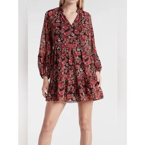 EXPRESS XL Black Mini Dress Black Rose Pink Floral Print Chiffon Flowy Flirty thumbnail 2