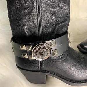 Handmade Womens Black Studded Leather Metal Buckle Removable Boot Band One Size thumbnail 3