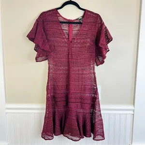 Marissa Webb Cybil Maroon Lace Flutter Sleeve Dress Size Small Sheer Lace Drama thumbnail 3