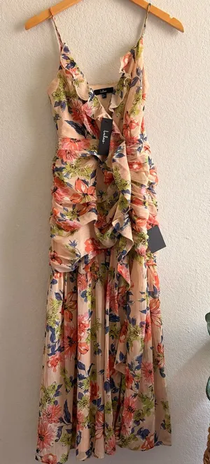 NWT Lulus Stunning Soiree Blush Pink Floral Print Ruched Midi Dress S thumbnail 1