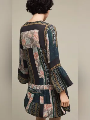 Anthropologie Maeve Patchwork‎ Lace Trim Peasant Mini Dress Tunic Green Size XS thumbnail 4