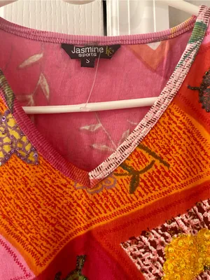 Jasmine Pink & Orange Floral Patchwork V-Neck Tee thumbnail 2