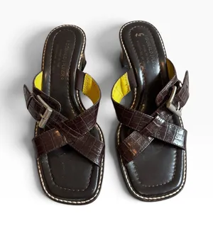 Donald J Pliner Vic Sandals 8M Brown Croc Embossed Leather Block Heel Italy thumbnail 1