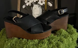 Women's Black Platform Wedge Sandals with Wood-Effect Sole thumbnail 1