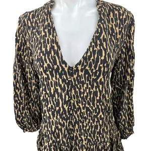 ZARA Black Tan Animal Print V-Neck Balloon Sleeve Flounce Hem Mini Shift Dress M thumbnail 3