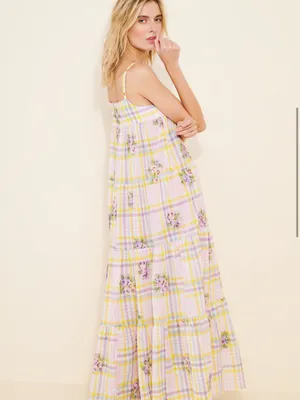 Anthropologie Payal Pratap Pastel Yellow & Pink Floral Plaid Maxi Dress thumbnail 2