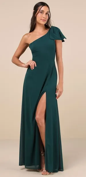 Lulus Simply Brilliant Emerald One-Shoulder Bow Maxi Dress Formal Large NWT thumbnail 1
