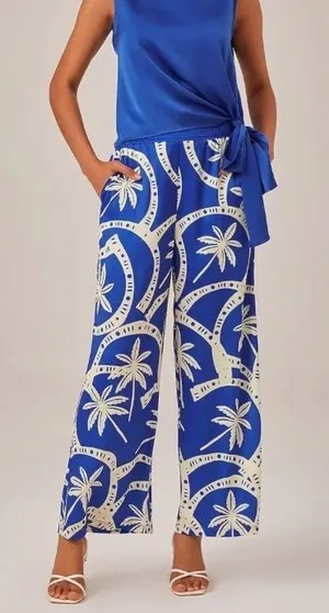 Royal Blue Palm-Print Wide-Leg Pants thumbnail 1