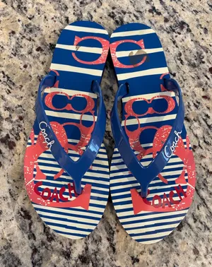 Coach Poppy Navy & Coral Striped Logo Flip Flops thumbnail 1