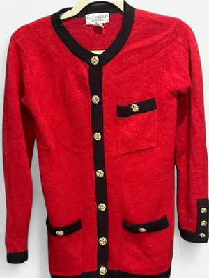 Vintage 100% Cashmere Red Cardigan Black Trim Gold Buttons Small thumbnail 3