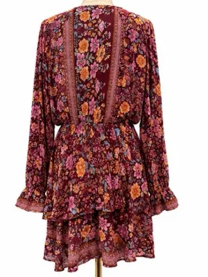 Umgee Floral Boho Mini Dress Size L Burgundy Pink Long Sleeve Ruffle Hem thumbnail 3