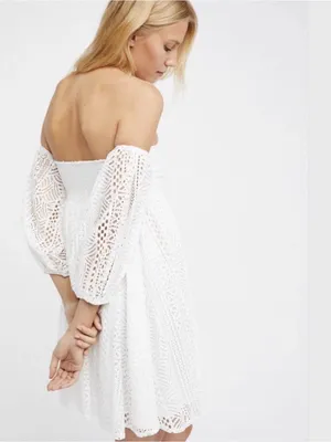 Free People Emmy Lou White Ivort Eyelet Babydoll Milkmaid Mini Dress L thumbnail 3