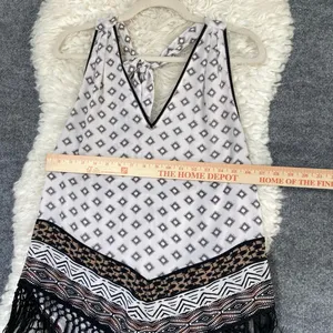 White House Black Market Geometric Halter Top Fringe Tassel White Black Brown thumbnail 7