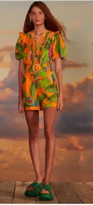FARM RIO Orange Fresh Macaws Print Belted Romper Size‎ small thumbnail 1
