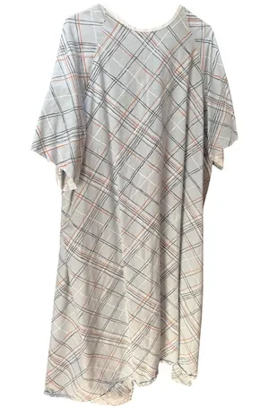 Unisex Hospital Gown Plaid Design Gray With Drawstring Cotton & Polyester Blend thumbnail 1