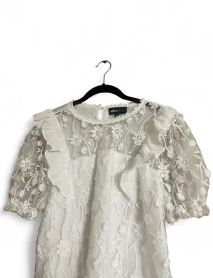 Alice Blue Top XL White Floral Lace Ruffle Blouse Sheer Sleeves Stretchy thumbnail 3