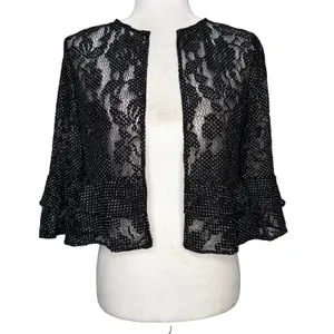 LRL Ralph Lauren Small Lace Overlay Cardigan Bell Sleeve Open Sheer Black Ruffle thumbnail 4