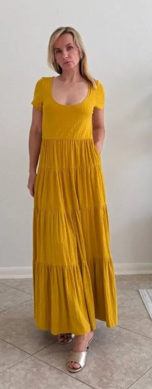 Anthropologie, Maeve, Gillian, Mustard, Tiered, Maxi Dress, Cotton, Puff Sleeve thumbnail 1