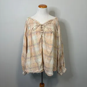 We The Free Plaid Lace Up Blouse Long Sleeve Gauzy Cotton Boho Flowy Blend Large thumbnail 2