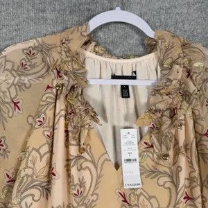 White‎ House Black Market Size-L Ruffle Neck Blouse Lush Lace Gold Floral thumbnail 6