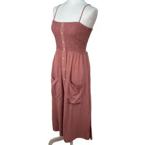 One Clothing Smocked Sundress Womens L Pink Button Up Linen‎ Blend Boho Cottage thumbnail 2