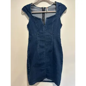 Free People Denim Mini Dress SzS Y2K Bodycon Sweetheart Dark Wash flutter sleeve thumbnail 2