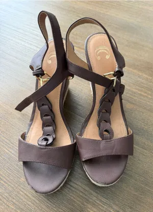 Brown Wedge Sandals with Gold Buckles Size 10 thumbnail 1