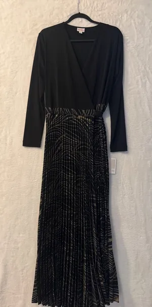 LuLaRoe DeAnne Maxi Dress Medium Metallic‎ Pleated Wrap Dress Long Sleeve NEW thumbnail 1