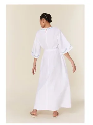Andie x Fanm Mon Kepez Maxi LINEN Kaftan Dress Blue Floral Embroidery NWT MED thumbnail 14