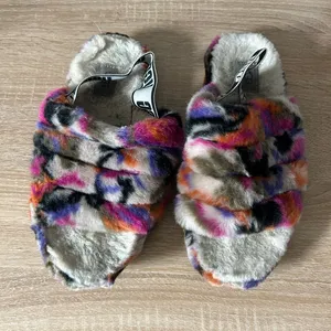 UGG Multicolor Faux Fur Slide Slippers in Cream, Pink & Orange thumbnail 1